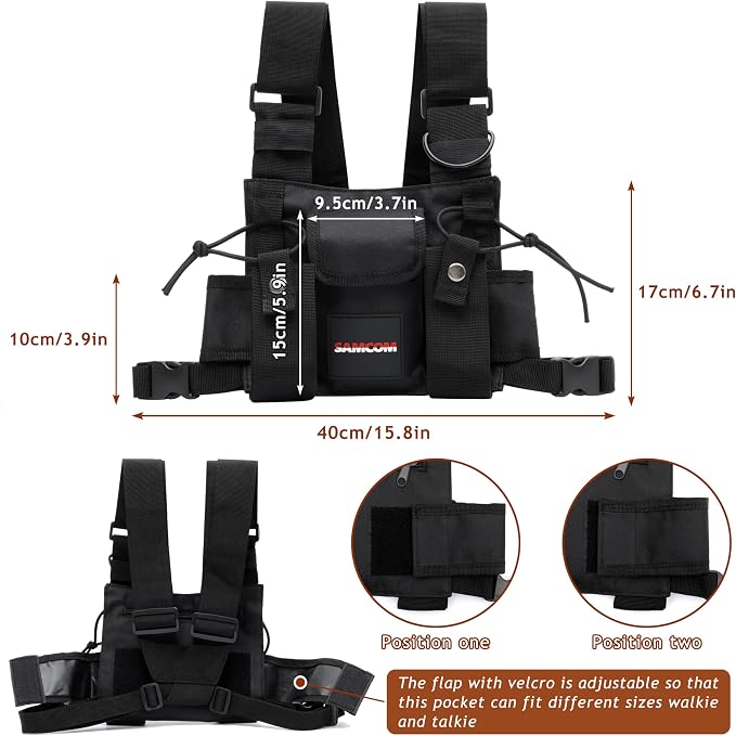 SAMCOM Radio Chest Harness with Adjustable Shoulder Holster, Tactical Vest Radio Vest Holder Two Way Radio Vest Rig, Walkie Talkie Storage Bag with Pack Pouch (1 Pack, Black)