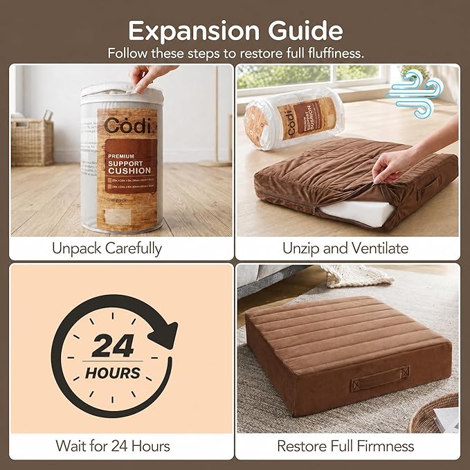 Codi Thick Replacement Couch Cushions, Upholstery Foam with Washable Covers for Sofa Cushion Chair Meditation - 24 × 24 × 5 Inch | High Density Foam, Coffee