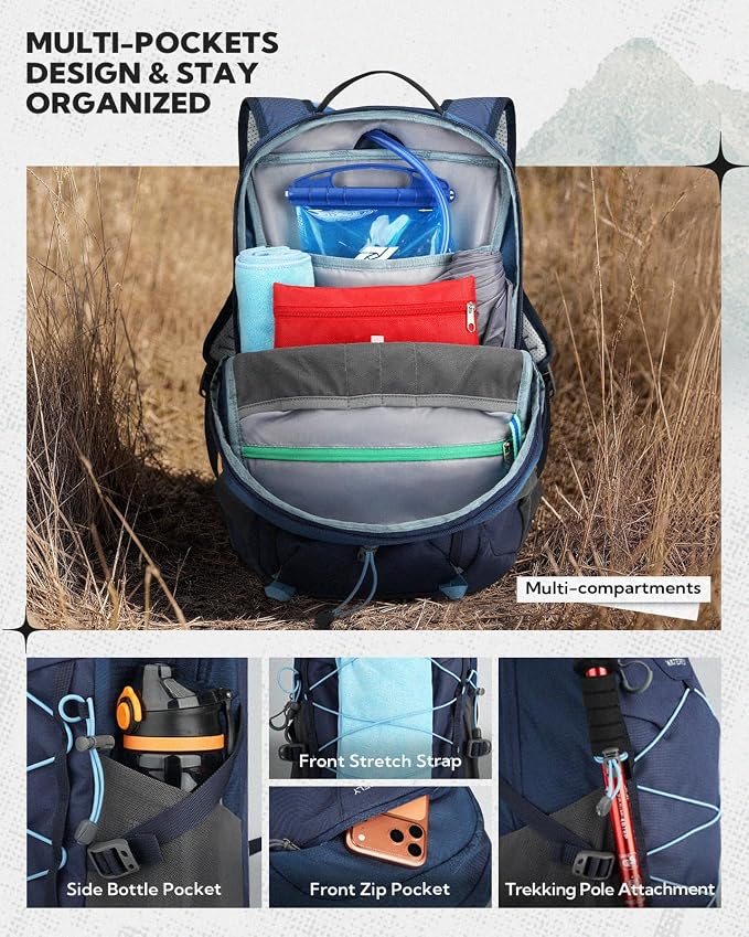 WATERFLY Small Lightweight Hiking Backpack: 20L Daypack for Women Men, Multi-Pocket, Breathable Back Panel with Chest Waist Strap, Outdoor Bag Pack for Travel Trekking Camping