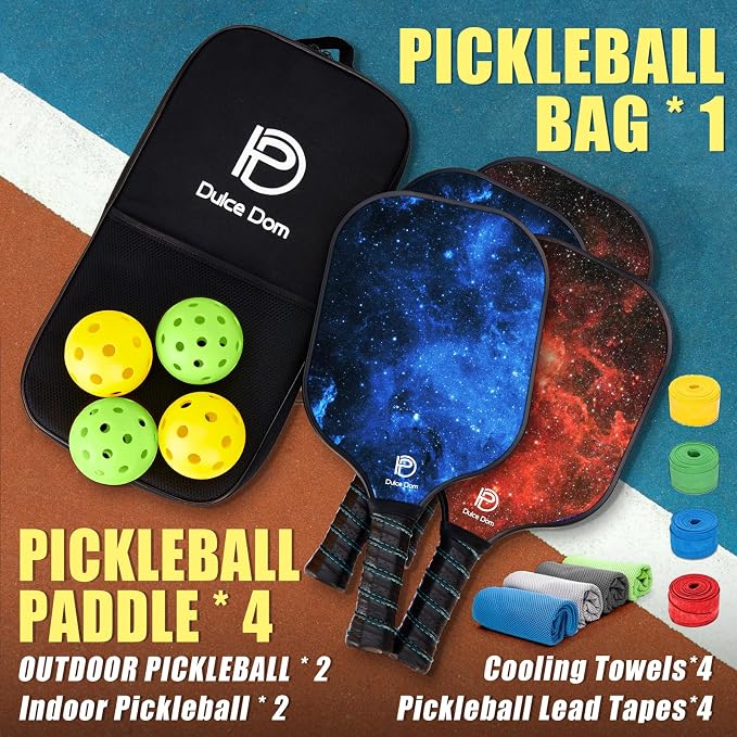 Dulce DOM Pickleball Paddles Set of 2/4 - USAPA Approved, 4 Indoor Outdoor Pickleball Balls, Fiberglass Surface Paddle Racket with Cover Bag, Ideal Training Equipment Gift for Men & Women