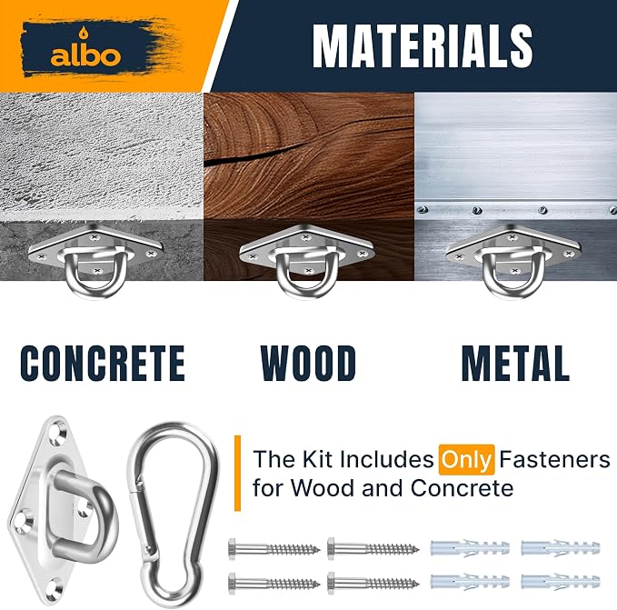Albo Diamond Plate 2650lbs Swing Hangers 2 PCS - Heavy Duty Ceiling Mount Hooks with Snap Carabiners, 304 Stainless Steel for Wood & Concrete & Metal, Indoor Outdoor Anchor for Hammock, Yoga, TRX