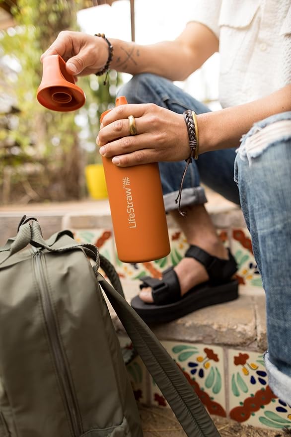 LifeStraw Go Series — Insulated Stainless Steel Water Filter Bottle for Travel and Everyday Use Removes Bacteria, Parasites and Microplastics, Improves Taste, 24 oz, Kyoto Orange