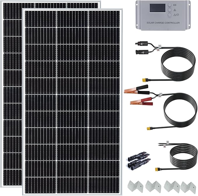 200 Watt 12Volt/24Volt Solar Panel Starter Kit 2PCS 105W Monocrystalline Module 20A Charge Controller for RV, Boats, Trailer, Camper,Cabin Off-Grid System(200W Solar kit)