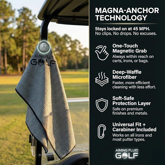 Magnetic Towel Club Glove Gear - 3 Stage Cleaning System- Microfiber Rag with Magnet for Golfcart Bags for Men and Women Cool Grey, 16" x 40" The 40