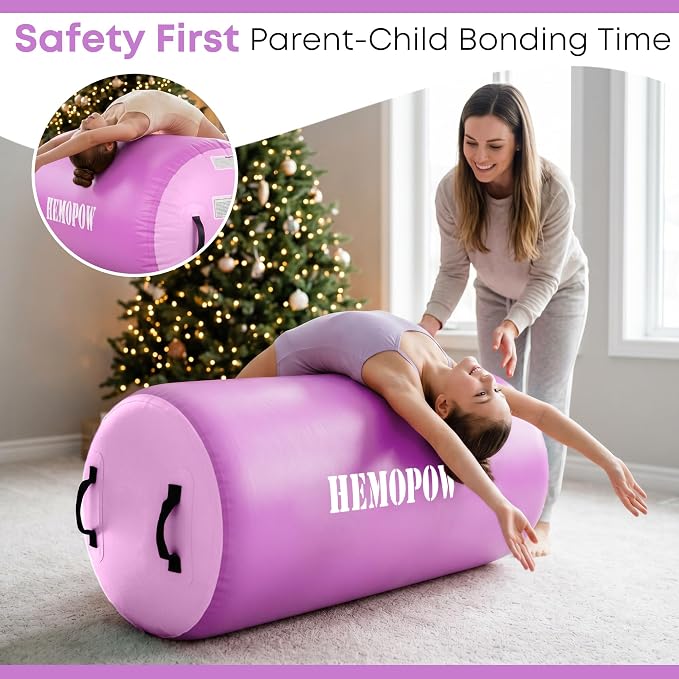 Inflatable Gymnastics Air Barrel Roller with Electric Pump, Heavy Duty PVC Tumbling Barrel Back Handspring Trainer, Air Tumble Track Mat for Home Gym, Cheerleading, Yoga Practice