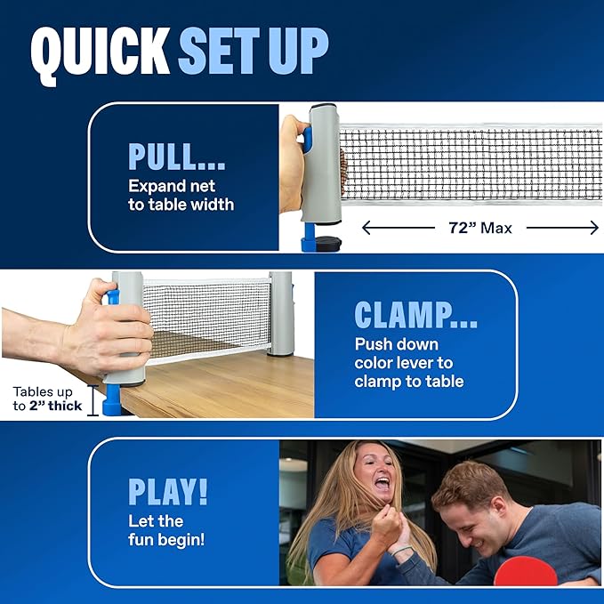 PRO-SPIN Portable Ping Pong Set with Retractable Ping Pong Net for Any Table, All-in-One Table Tennis Set with Ping Pong Paddles, Balls & Case, Table Top Family Game