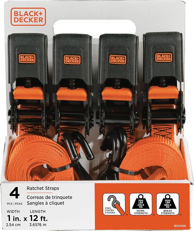 BLACK+DECKER 6-Piece Light-Duty Ratchet Tie-Down and Bungee Strap Kit | 1" x 12' Light-Duty Ratchet Straps, 1,500 lbs Break Strength, 48" Flat Bungee Straps, Kit for Securing Lightweight Cargo