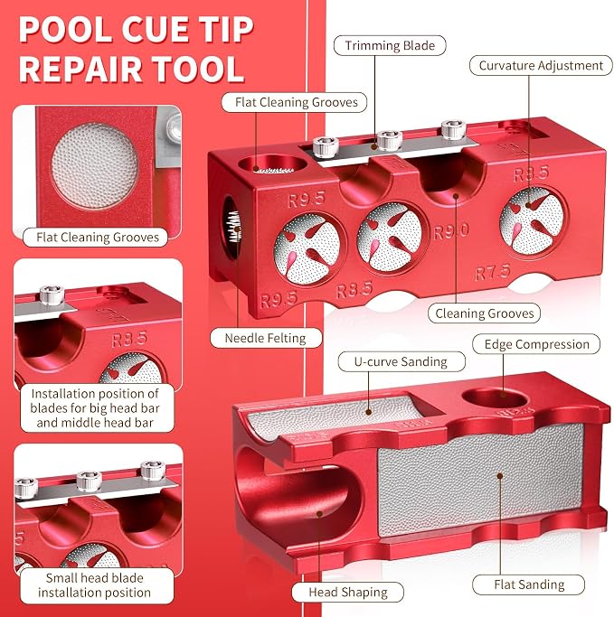 Pool Cue Tip Shaper, Pool cue Tips Replacement kit, Billiards Accessories Tool, Pool Stick Tips (red)