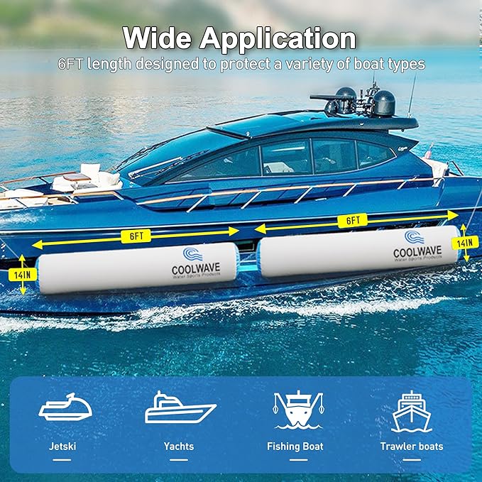 COOLWAVE 6FT/10FT Inflatable Boat Fenders, Upgraded Inflatable Boat Bumper for Docking, Heavy Duty Dock Fender with Storage Bag, Dock Bumper for Fishing Boats, Jet Skis, Yachts, 1Pack