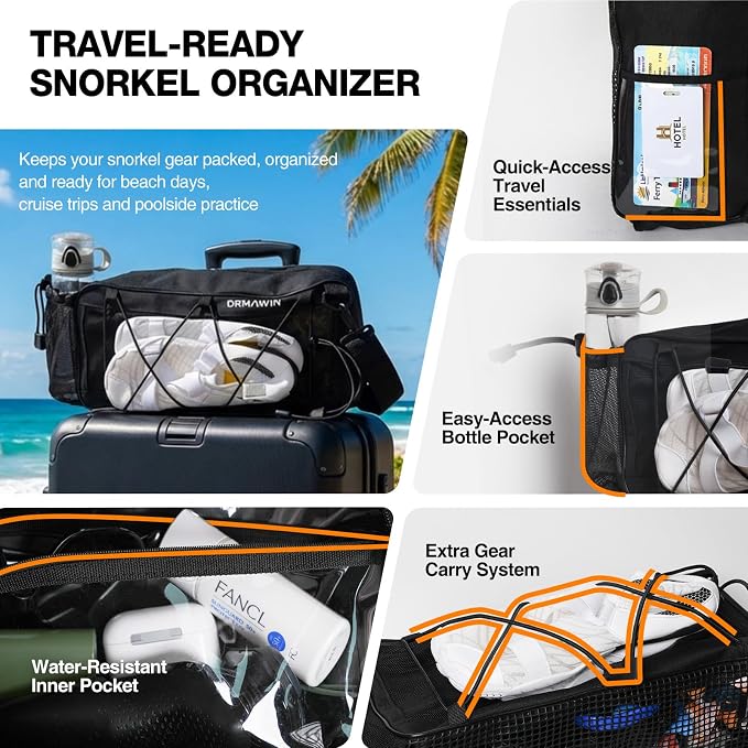 DRMAWIN Snorkeling Gear for Adults & Kids, Dry-Top Snorkel Set with 180° Tempered Glass Mask, Anti-Fog Anti-Leak, Travel Mesh Gear Bag