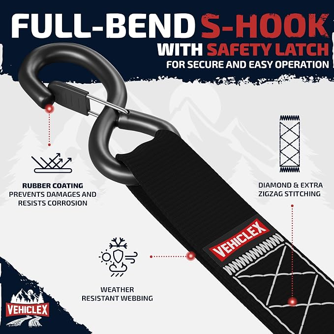 Vehiclex Motorcycle Ratchet Tie Down Straps with Soft Loops - 4PK Heavy Duty 1.5" x 8ft Kit, 4,400 lb Breaking Strength for Powersports, Black