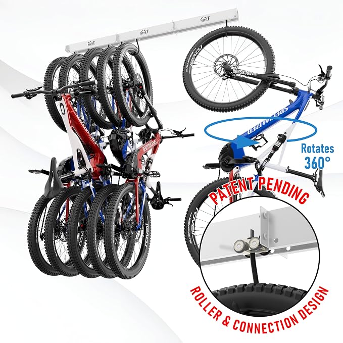 USA Based Ceiling Bike Rack Garage Storage Mount, Bicycle Hanger For Up To 6 Bikes, Sliding 51" Heavy Duty Hook Racks With Padded Hanging Mounts, Hooks Hangers (White, 3 Rails - 6 Hooks)