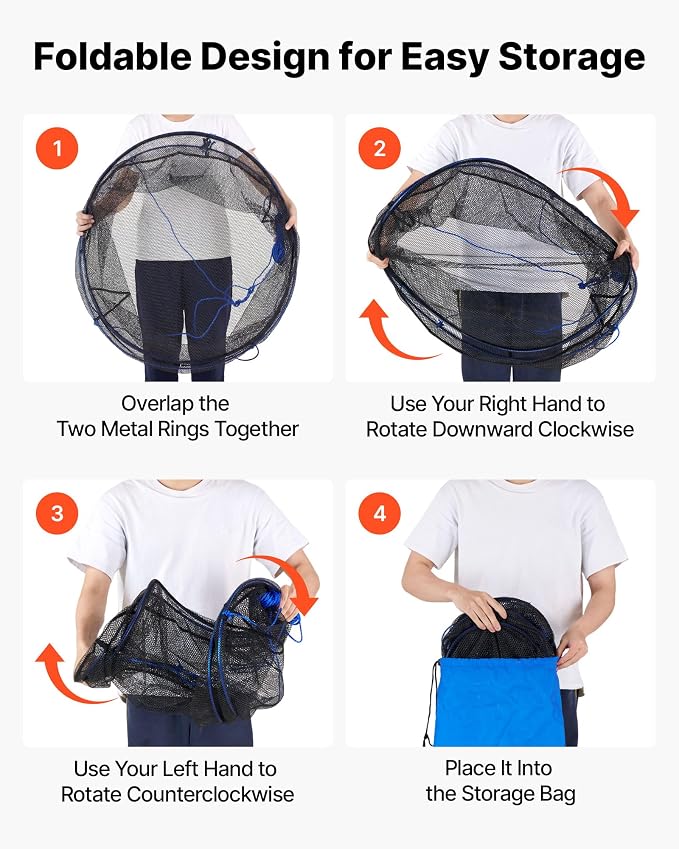 VEVOR Foldable Fishing Net, Landing Fishing Pier Nets, Portable Drop Net for Pulling up Fish, Durable and Fish-Friendly, with Rope and Storage Bag, for Minnows, Crawfish, Shrimp, Crab