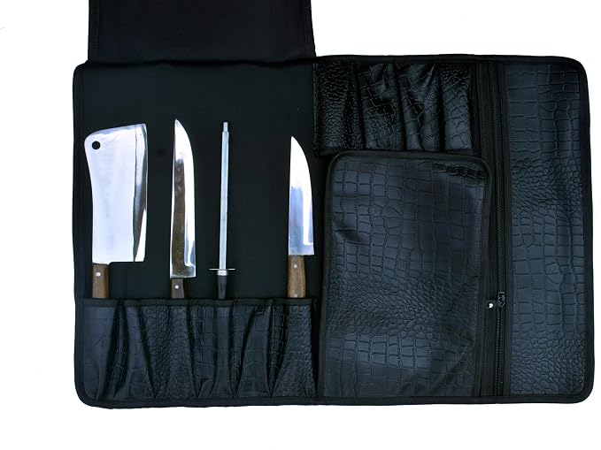 EVERPRIDE Gorgeous Leather Croc Pattern Premium Leather Chef Knife Roll Bag. Professional Grade Lovely Gift for Chefs Hunting Knives and Home Storage