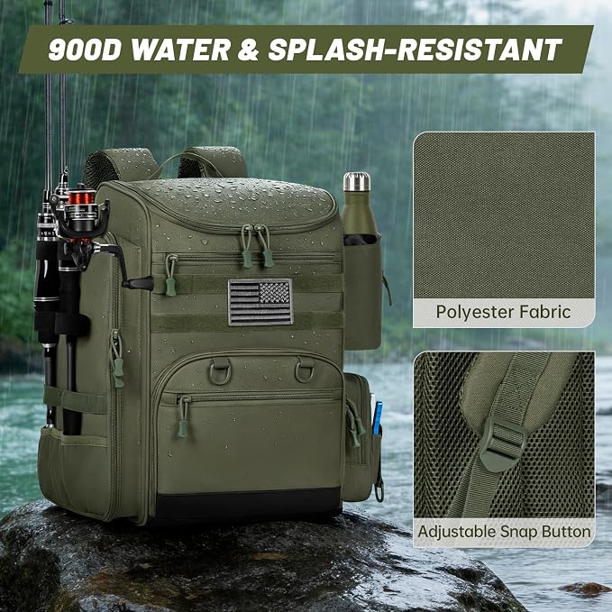 40L Fishing Backpack Water Resistant Fishing Tackle Bag with 2 Rod Holders, Tackle Storage Bag for Anglers(Green Bag Only)