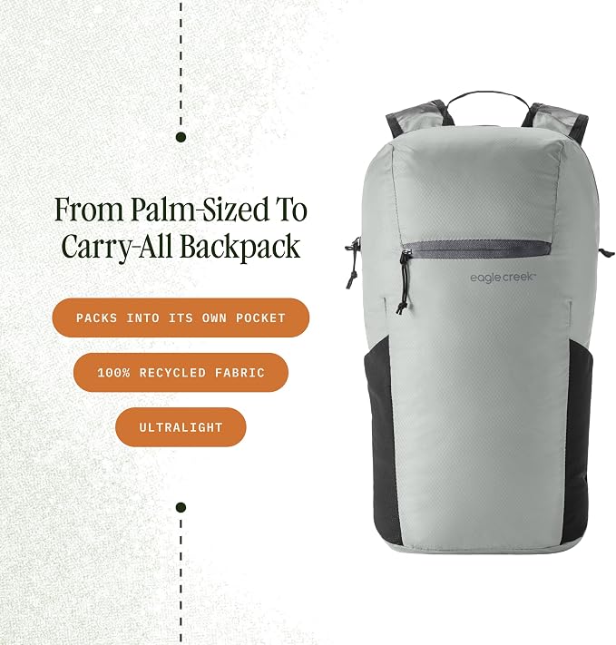 eagle creek Packable Backpack - Compact Multipurpose Water Resistant Backpack with Breathable Mesh Shoulder Straps - Perfect for Beach Days, Sports, Hiking & Travel - Storm Grey