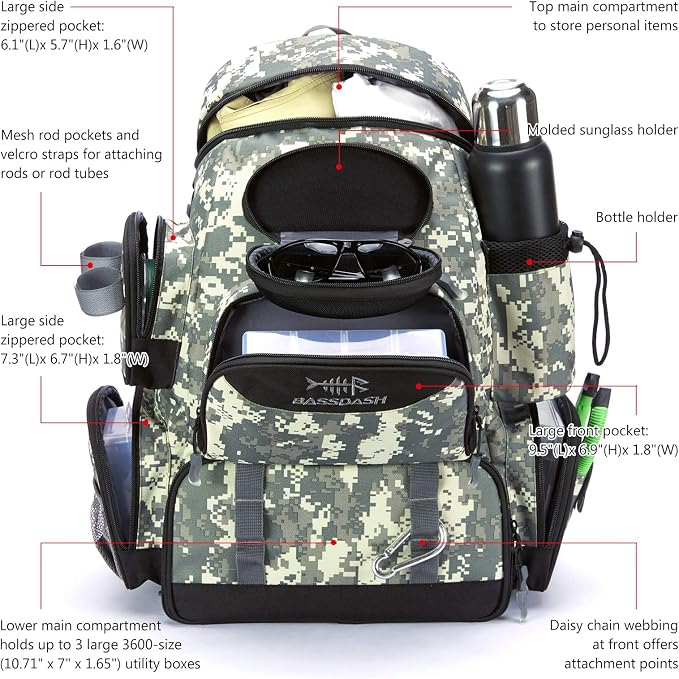 BASSDASH Fishing Tackle Backpack Water Resistant Tactical Bag Soft Tackle Box with Rod Holder and Protective Rain Cover