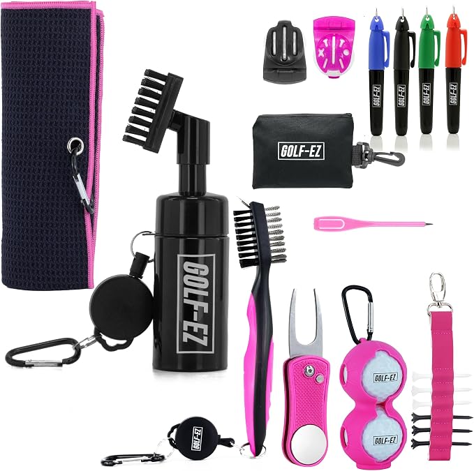 Golf Essentials Kit | Must-Have Accessories – Water Brush, Towel, Club Brush, Ball Marker, Divot Repair Tool, Ball & Tee Holder, Golf Gifts for Men & Women