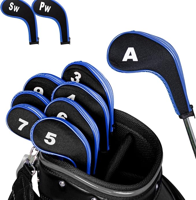 Golf Club 12pcs Thick Synthetic Zipper Long Neck Set Headcover Fit The Most Brands, Side Number Golf Iron Club Head Cover LW SW PW Covers #3,4,5,6,7,8,9