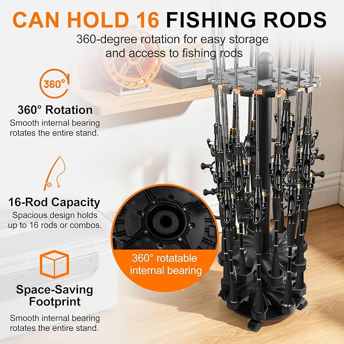Rotating Fishing Rod Holder & Pole Holders for Garage, 360° Floor Rack Holds Up to 16 Rods/Combos, Fishing Gear & Accessories Storage, Gifts for Men Dad Husband, Garage Organization