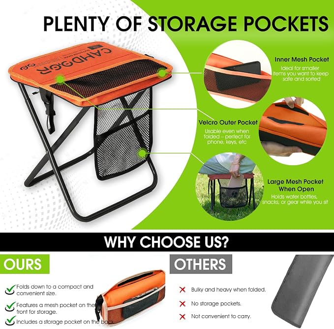 CAMDOOR Portable Collapsible Stool, 16″Folding Stool with 3 Side Pockets and Shoulder Strap, Extra Large Camping Chair Supports 400 lbs, Ultralight Portable Seat for Outdoor, Hiking, Fishing