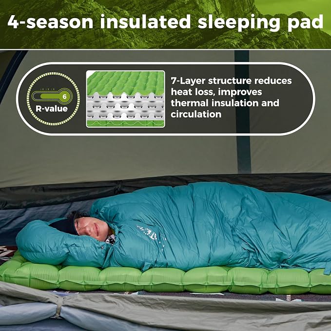 ATEPA ThermAir Ultralight Sleeping Pad for Camping & Backpacking, 6 R-Value Insulated Air Mattress, 3.5” Thick Compact Inflatable Sleeping Mat with Emergency Pump Sack, Wide Long Size (72"x25")
