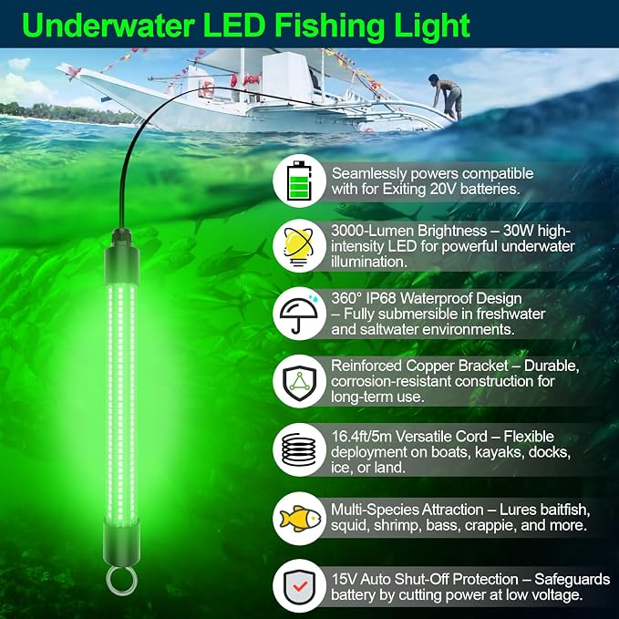 LED Underwater Fishing Light Compatible with for DeWalt 20V Battery（Battery Not Included）, 3000 Lumens, IP68 Waterproof Submersible Green Fish Attractor Light for Night/Ice/Boat Fishing