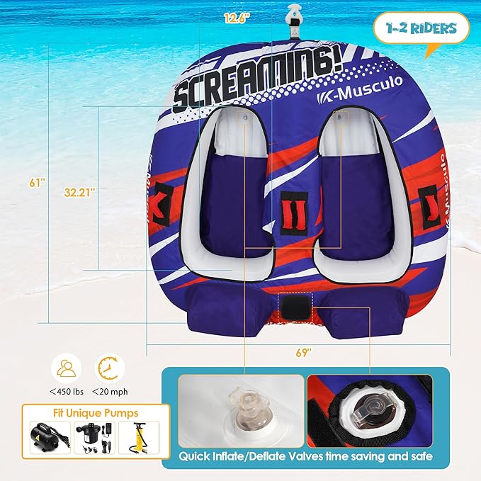 K-Musculo Towable Tubes for Boating - 2-3 Person Boat Tubes & Towables, EVA Foam Pads, Drainage, Super Safe Handle, Quick Connector