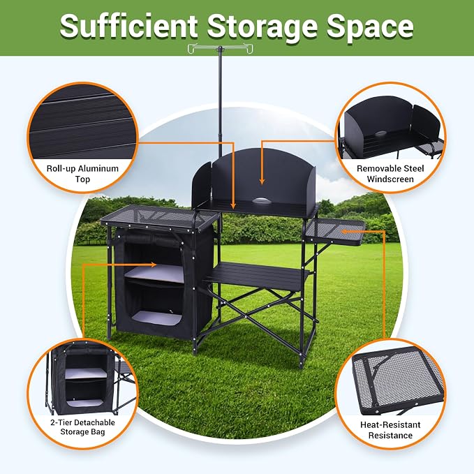 Nice C Camping Kitchen Station, Picnic Portable Grill Table, Folding Cook Station Organizers, with Upgrade Light Stand, Windshield, Carry Bag for Outdoor, Beach, Picnic (Black)