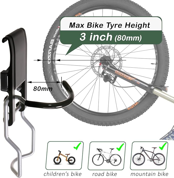 Bike Hook 2 Pack, Max 3 Inch for Mountain Bike eBike, 110 lbs Weight Capacity, with Extra Helmet Hook, Heavy duty Wall mount Bicycle Rack for Garage Storage
