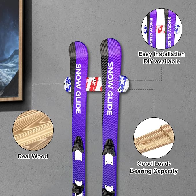 Wooden Ski & Snowboard Wall Mount Horizontal, Skateboard Wall Rack with Screws, Snowboard Display Stand, Indoor Snowboard Storage for Room, Garage (1, charcoal color)