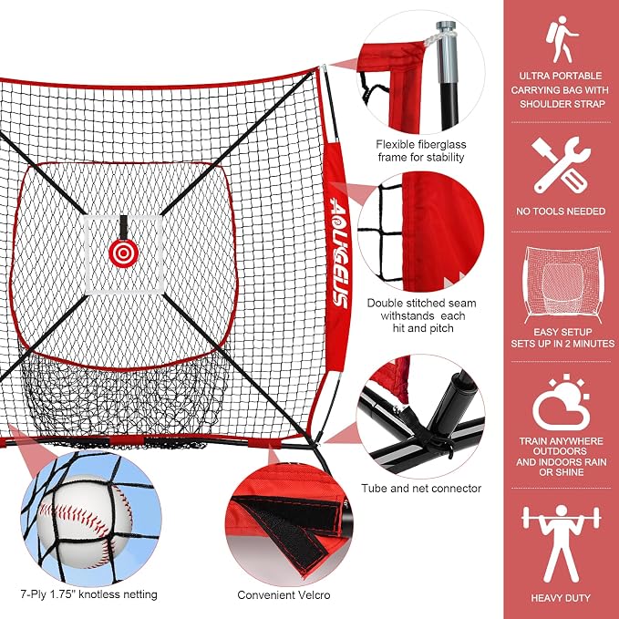 6'X6' Baseball Softball Practice Net,Pitching Net,Batting Net,with Batting Tee,Dummy Batter,Bonus Strike Zone Target and Bow Frame,for Hitting,Pitching,Catching