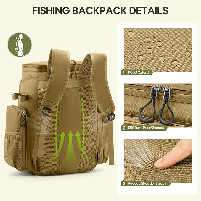 RAINSMORE Fishing Backpack, 45L Large Fishing Bag with 4 Rod Holders & Insulated Cooler Professional Fishing Tackle Backpack with Rain Cover Waterproof Tackle Bag for Men Gift, Khaki