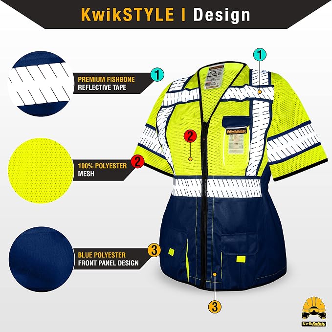 KwikSafety - Charlotte, NC - SHERIFF Class 3 Safety Vest for Women [REFLECTIVE FISHBONE TAPE] ANSI Tested OSHA Compliant Hi Vis PPE Work Gear/Blue XL