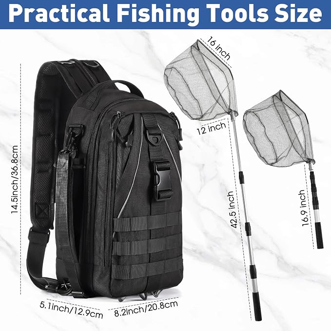 RoundFunny 256 Pcs Fishing Backpack with Tackle Box Gears, Tackle Sling Bag Backpack, Fishing Hook, Lures, Retractable Landing Net, Plier, Lip Gripper, Hook Remover, Fish Gift Men