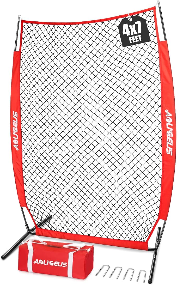 Baseball & Softball Portable Practice Batting Screen, 7-FT I-Screen or L-Screen Pitching Net for Pitcher Protection with Carry Bag and Ground Stakes