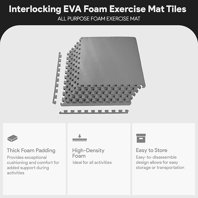 BalanceFrom Puzzle Exercise Mat 1/2" Thick, EVA Interlocking Foam Floor Tiles for Home Gym, Mat for Home Workout Equipment, Floor Padding for Kids, Gray, 24 in x 24 in x 1/2 in, 24 Sq Ft - 6 Tiles