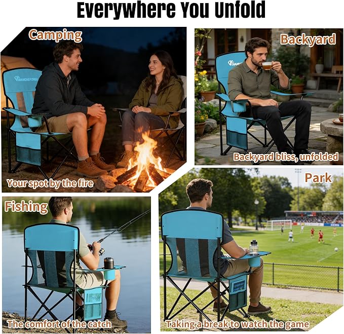 Camping Chair, 300 LBS High Back Breathable Mesh Lawn Chairs Folding (Blue) | Portable Outdoor Folding Camping Chairs for Adults, with Cup Holder for Picnic, Lawn, Beach, Park, Fishing and Sports