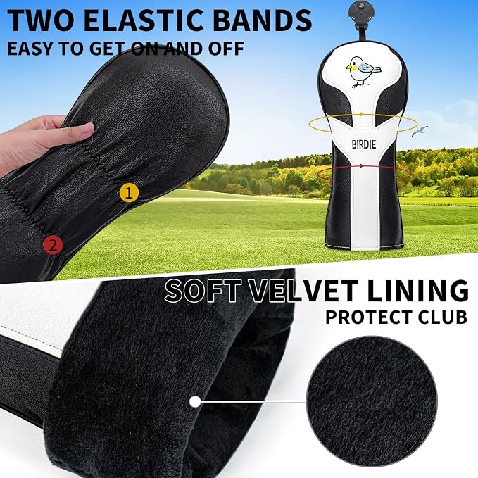 Vesperlux Birdie Golf Headcover Driver Wood Hybrid | Waterproof, Anti-Slip, 3-Pack, Universal Fit, Alignment Stick Cover, Durable, Adjustable Number Dial, Funny Unisex Golf Gift