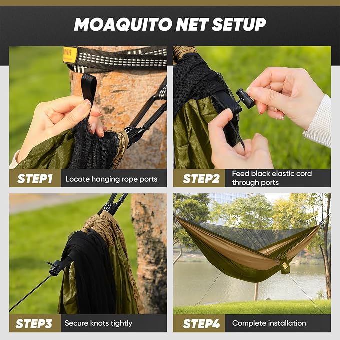 Camping Hammock with Mosquito Net, 600 lbs Portable Hammock with Tree Straps, 2-in-1 Double/Single Travel Hammock Tent for Outside/Indoor/Backpacking/Beach - Green & Khaki