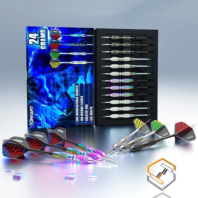 Turnart Darts Metal Tip Set - Steel Tip Darts Darts Set Professional Metal Darts 12 pcs 22/24 Grams Pro Dart Set with Stylish Case Aluminum Shafts Extra 9 Flights