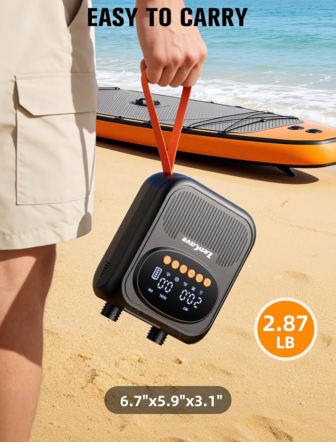 Paddle Board Pump Electric Portable: Rechargeable 20PSI High Pressure SUP Pump, Dual Stage Inflation & Deflation, Auto Shut-Off, 13500mAh Inflates 4 SUPs, 12V DC Car Connector, for Kayaks, Tents, Boat
