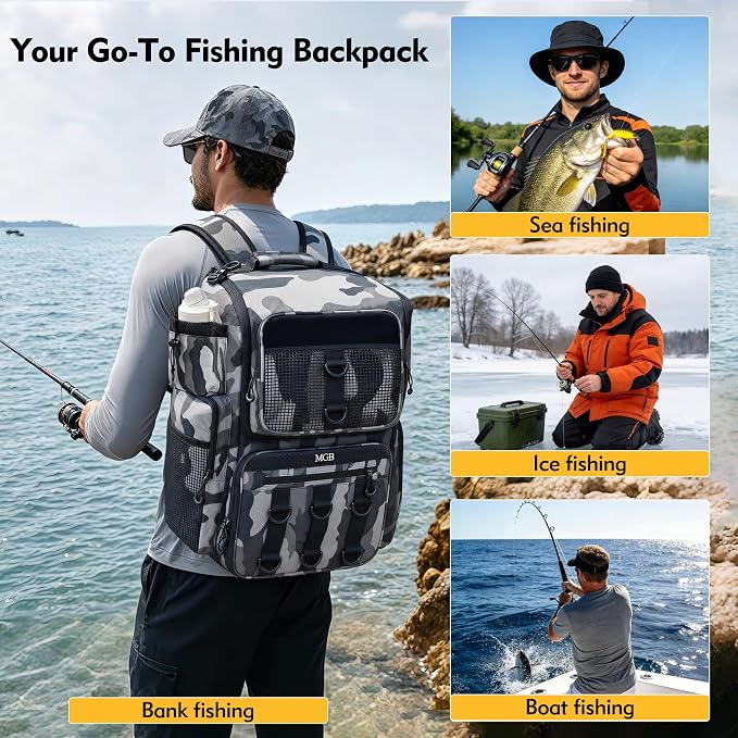 MGB 46L Water-resistant Fishing Tackle Backpack with Rod Holders
