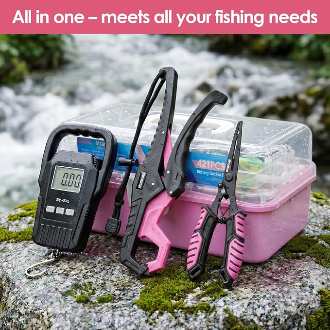 Fishing Lures Kit, 421PCS Tackle Box-(Pink) | Included Fishing Pliers, Hooks, Soft Baits, Weights,Accessories - Complete Freshwater Bass Fishing Gear Kit for Men with Gift