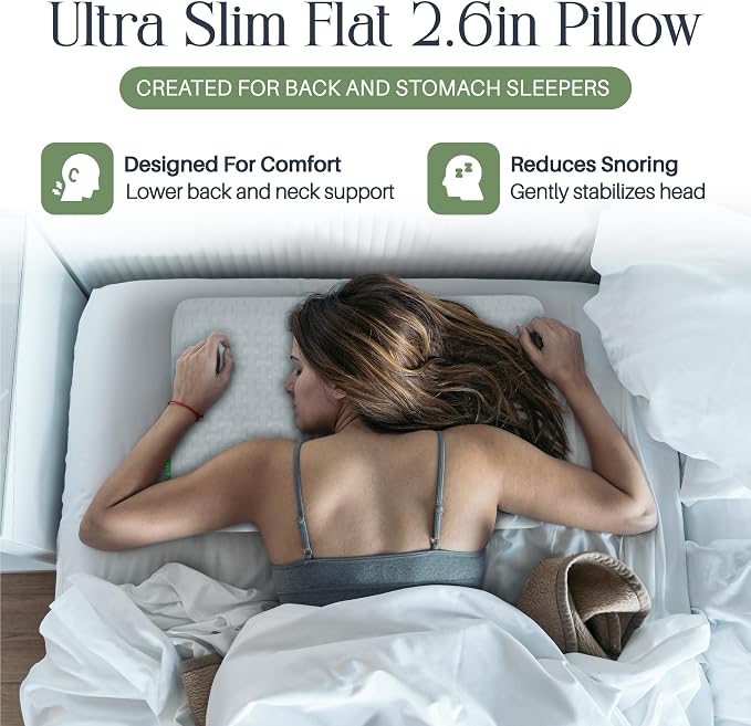 Focus Umiboo 2.6-Inch Low Profile Gel Memory Foam Pillow for Stomach or Back Sleepers with Polyester Bamboo Cover and Case for Travel and Eye Mask (White)