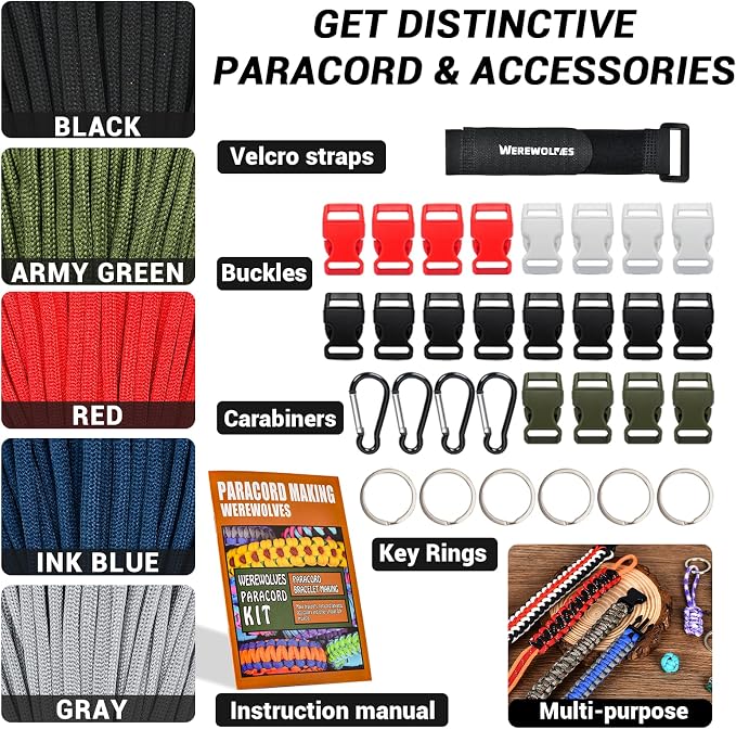 WEREWOLVES 550 Paracord Kits 100ft Each Color - 5 Colors Parachute Cord Combo 7 Strand Type III Parachute Cord 4mm for Crafting, Dog Collar, Survival Bracelets