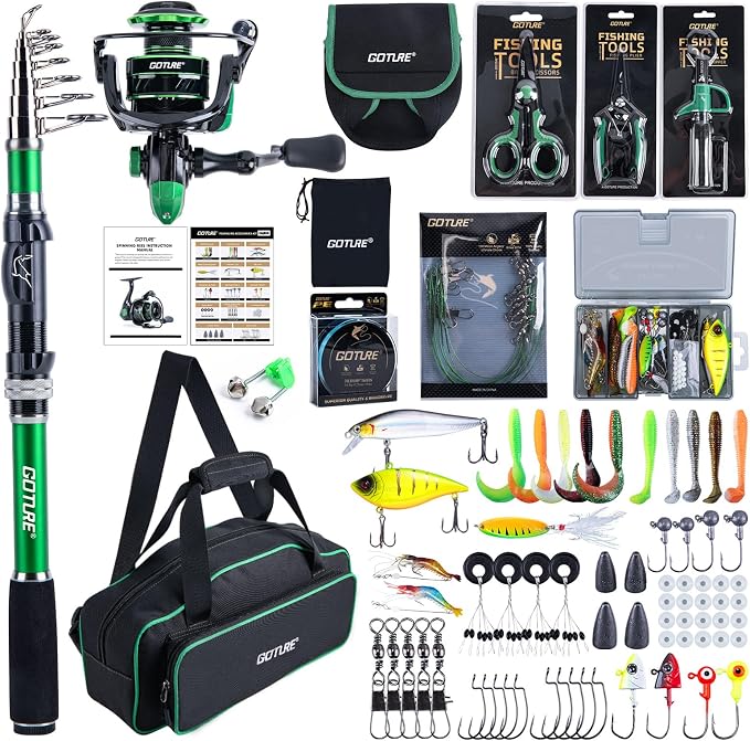 Goture Fishing Poles and Reels Combo - Green Telescoping Fishing Rod Portable Travel Kit with Carrier Bag for Freshwater Saltwater