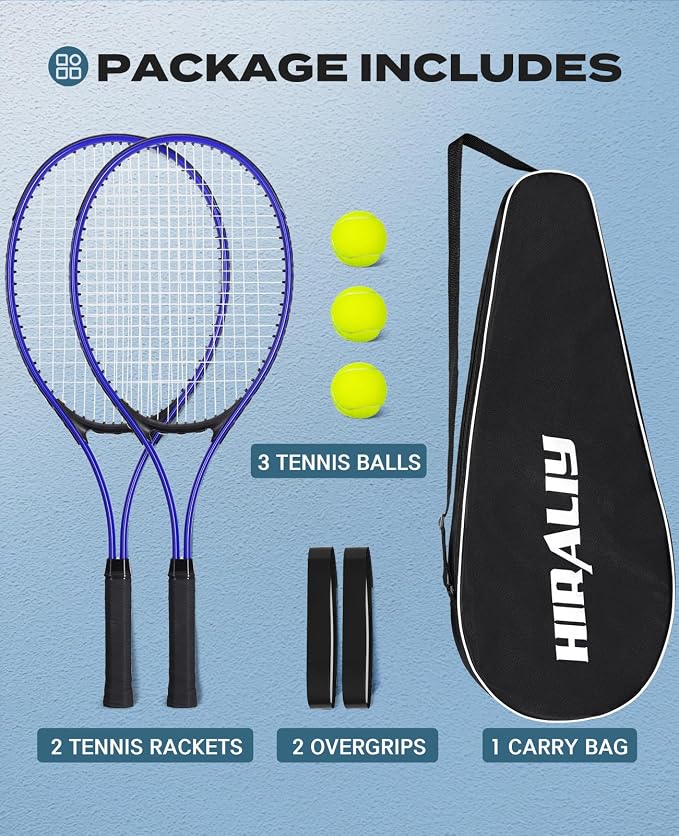 HIRALIY Tennis Rackets 2 Pack for Adults Beginners - 27 Inch Lightweight Aluminum Tennis Racquet Set with 3 Balls & Carry Bag - Vibration Dampening & Large Sweet Spot for Men Women Couples