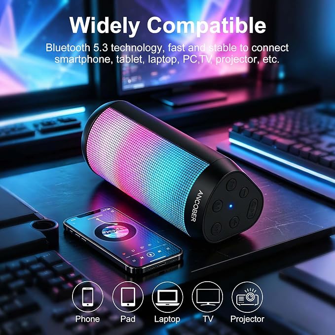 Portable Bluetooth Speaker Powerful HD Loud Sound, LED Lights, IPX4 Wateproof, 24H Playtime, Wireless TWS Pairing, Built-in Mic, for Home/Outdoor/Party, Birthday Gifts for Father Men Dad Husband
