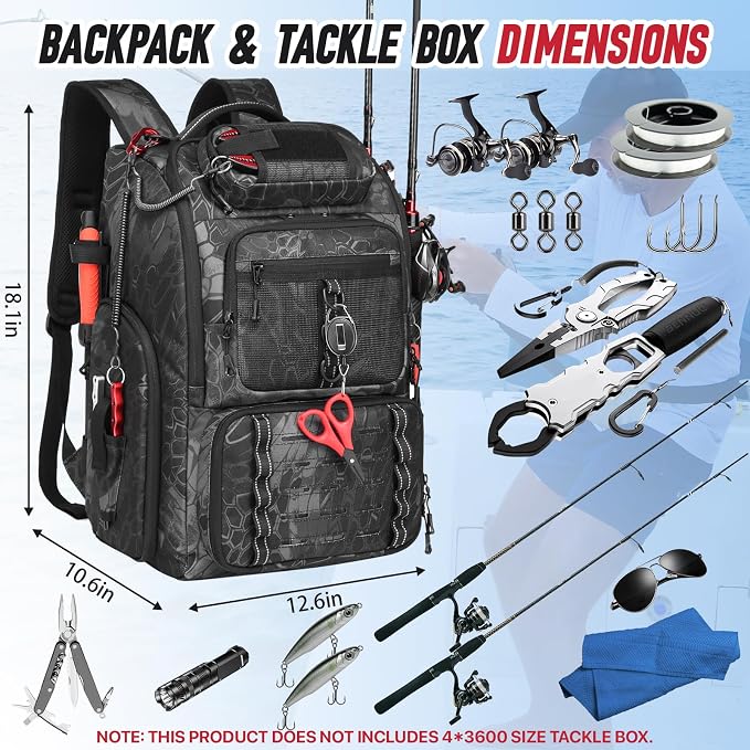 Fishing Tackle Backpack,Tackle Bag with 2 Rod Holders,Water-Resistant Large Storage Fishing Gear and Equipment (B-Black Camo)